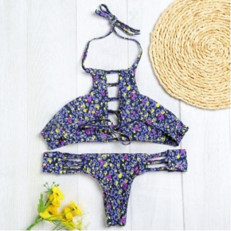 Halter Neck Backless Cut Out Print Tied Low Waist Women Bikini Set (PURPLE MONSTER)