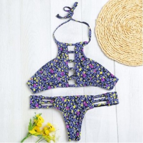 Halter Neck Backless Cut Out Print Tied Low Waist Women Bikini Set (PURPLE MONSTER)