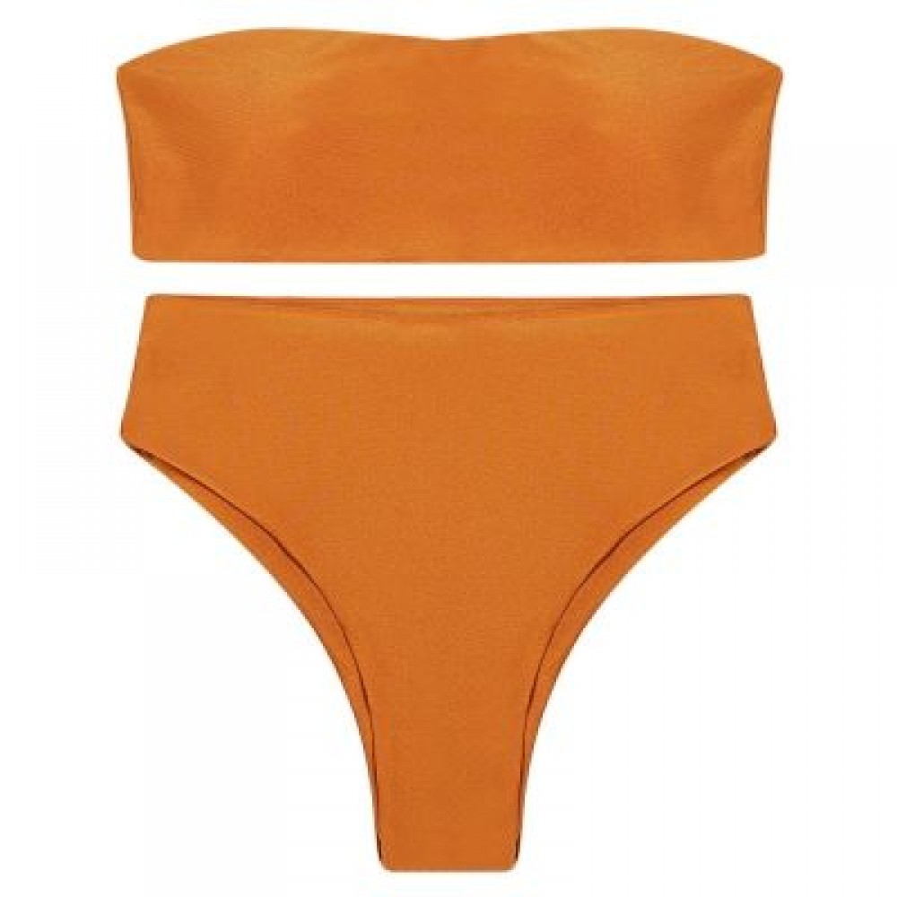 Strapless Padded Solid Color High Waist Two-piece Women Bikini Set (TIGER ORANGE)
