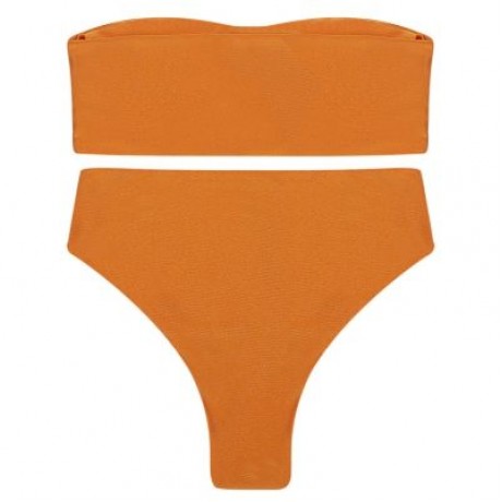 Strapless Padded Solid Color High Waist Two-piece Women Bikini Set (TIGER ORANGE)