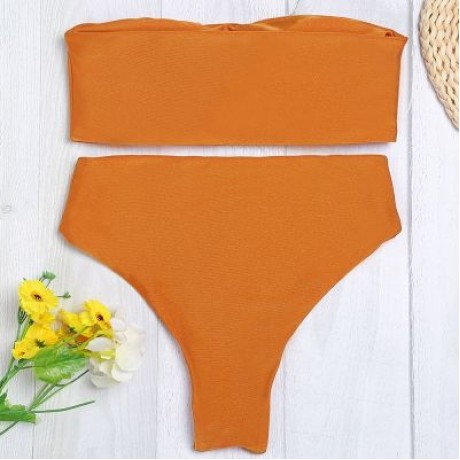 Strapless Padded Solid Color High Waist Two-piece Women Bikini Set (TIGER ORANGE)