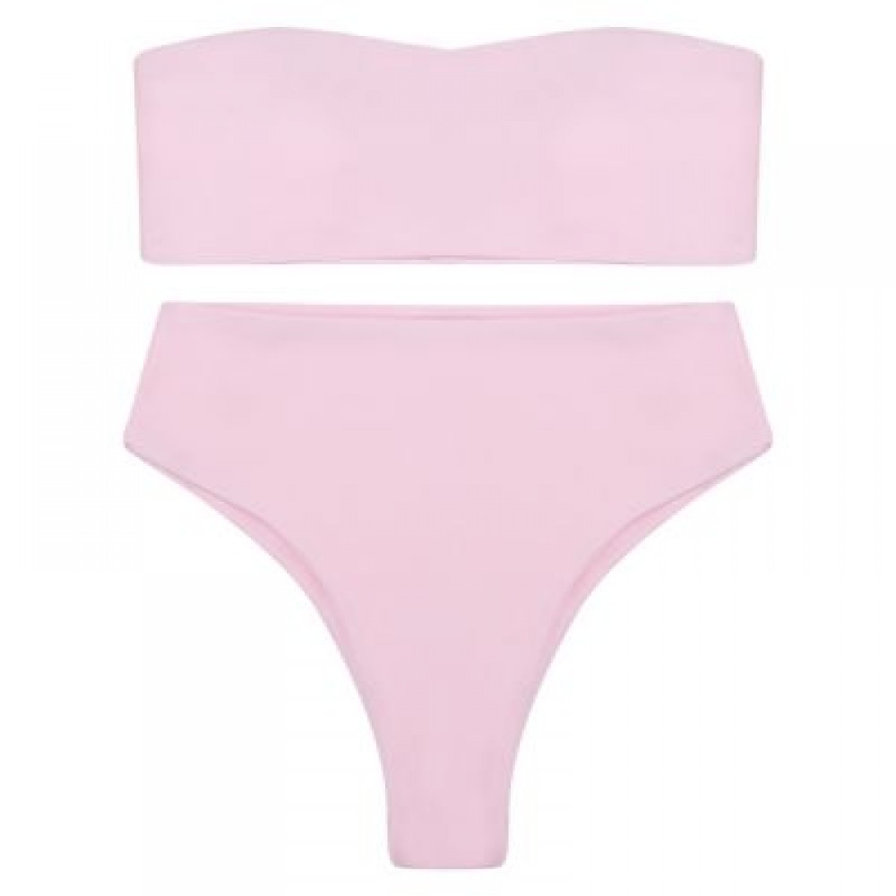 Strapless Padded Solid Color High Waist Two-piece Women Bikini Set (LIGHT PINK)