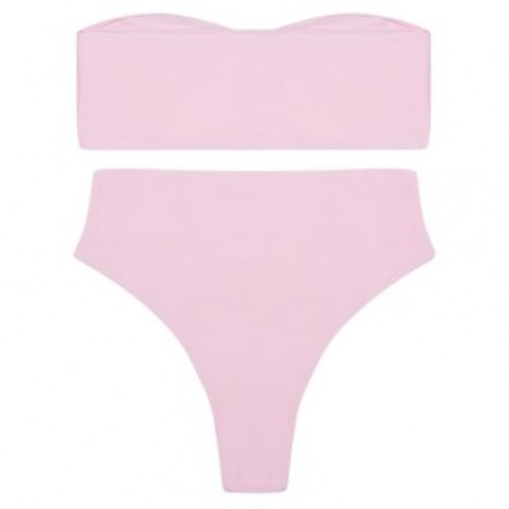 Strapless Padded Solid Color High Waist Two-piece Women Bikini Set (LIGHT PINK)