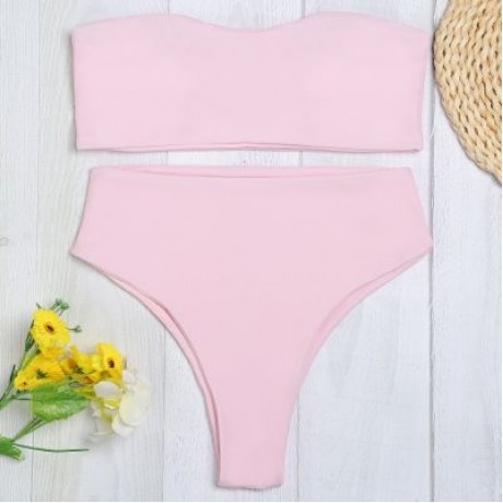 Strapless Padded Solid Color High Waist Two-piece Women Bikini Set (LIGHT PINK)