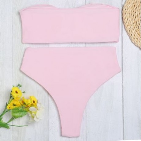 Strapless Padded Solid Color High Waist Two-piece Women Bikini Set (LIGHT PINK)