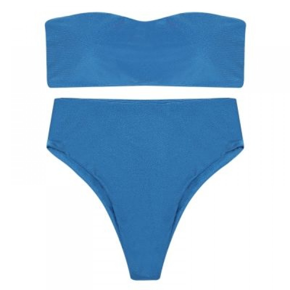 Strapless Padded Solid Color High Waist Two-piece Women Bikini Set (BLUE IVY)