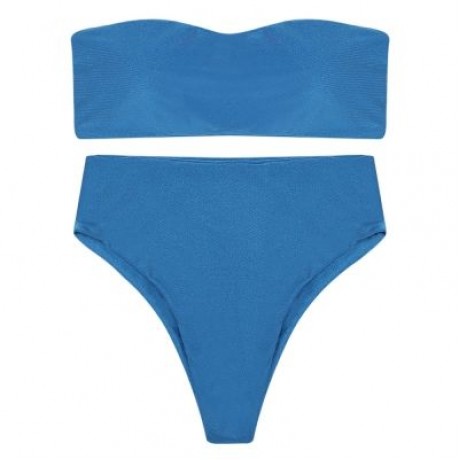 Strapless Padded Solid Color High Waist Two-piece Women Bikini Set (BLUE IVY)