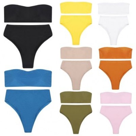 Strapless Padded Solid Color High Waist Two-piece Women Bikini Set (BLUE IVY)