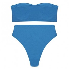 Strapless Padded Solid Color High Waist Two-piece Women Bikini Set (BLUE IVY)