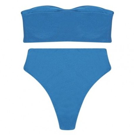 Strapless Padded Solid Color High Waist Two-piece Women Bikini Set (BLUE IVY)