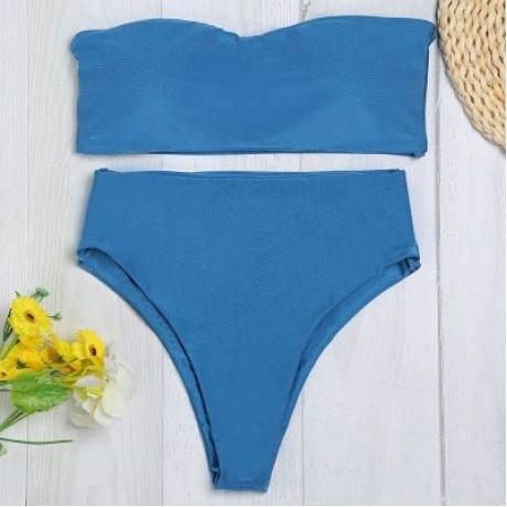 Strapless Padded Solid Color High Waist Two-piece Women Bikini Set (BLUE IVY)