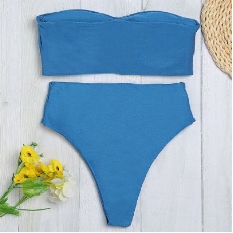 Strapless Padded Solid Color High Waist Two-piece Women Bikini Set (BLUE IVY)