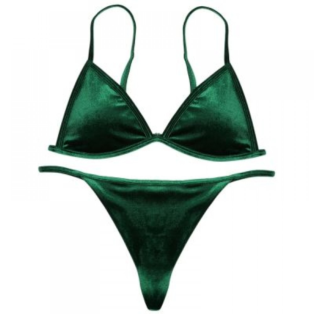 Spaghetti Strap Padded Backless Low Waist Velour Women Bikini Set (MEDIUM SEA GREEN)