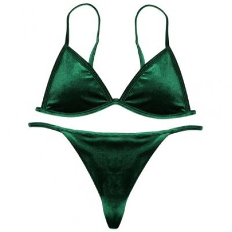 Spaghetti Strap Padded Backless Low Waist Velour Women Bikini Set (MEDIUM SEA GREEN)
