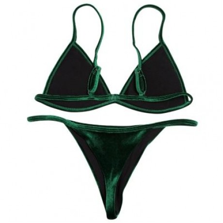 Spaghetti Strap Padded Backless Low Waist Velour Women Bikini Set (MEDIUM SEA GREEN)