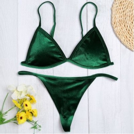 Spaghetti Strap Padded Backless Low Waist Velour Women Bikini Set (MEDIUM SEA GREEN)