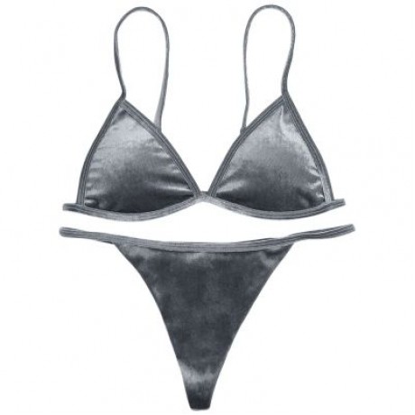 Spaghetti Strap Padded Backless Low Waist Velour Women Bikini Set (LIGHT SLATE GRAY)