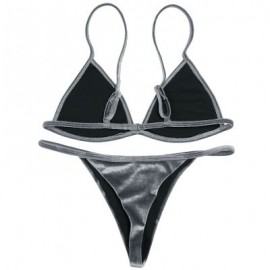 Spaghetti Strap Padded Backless Low Waist Velour Women Bikini Set (LIGHT SLATE GRAY)
