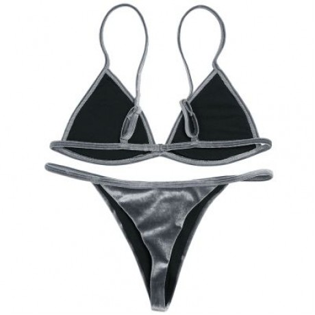 Spaghetti Strap Padded Backless Low Waist Velour Women Bikini Set (LIGHT SLATE GRAY)
