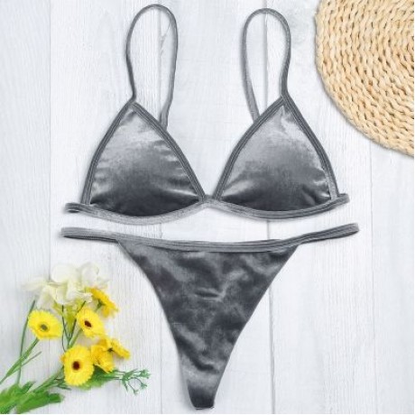 Spaghetti Strap Padded Backless Low Waist Velour Women Bikini Set (LIGHT SLATE GRAY)