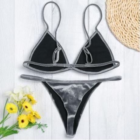 Spaghetti Strap Padded Backless Low Waist Velour Women Bikini Set (LIGHT SLATE GRAY)