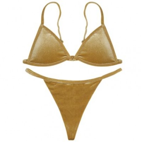 Spaghetti Strap Padded Backless Low Waist Velour Women Bikini Set (LIGHT KHAKI)