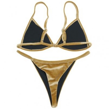 Spaghetti Strap Padded Backless Low Waist Velour Women Bikini Set (LIGHT KHAKI)