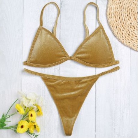 Spaghetti Strap Padded Backless Low Waist Velour Women Bikini Set (LIGHT KHAKI)