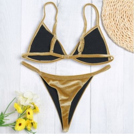 Spaghetti Strap Padded Backless Low Waist Velour Women Bikini Set (LIGHT KHAKI)