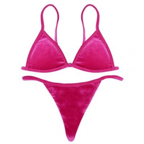 Spaghetti Strap Padded Backless Low Waist Velour Women Bikini Set (ROSE RED)