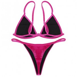 Spaghetti Strap Padded Backless Low Waist Velour Women Bikini Set (ROSE RED)