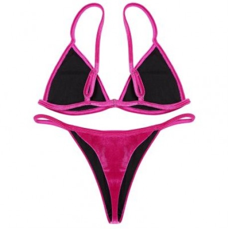Spaghetti Strap Padded Backless Low Waist Velour Women Bikini Set (ROSE RED)