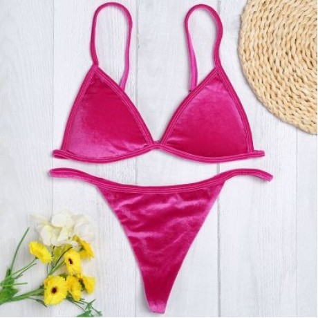 Spaghetti Strap Padded Backless Low Waist Velour Women Bikini Set (ROSE RED)