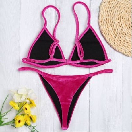 Spaghetti Strap Padded Backless Low Waist Velour Women Bikini Set (ROSE RED)