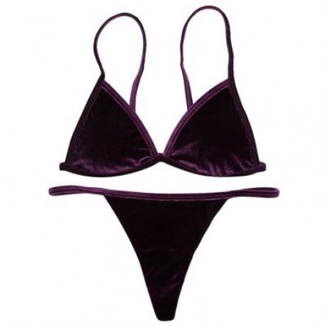 Spaghetti Strap Padded Backless Low Waist Velour Women Bikini Set (PURPLE IRIS)