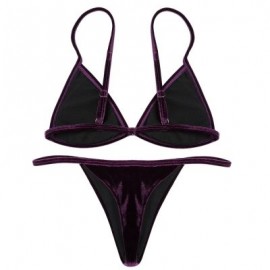 Spaghetti Strap Padded Backless Low Waist Velour Women Bikini Set (PURPLE IRIS)