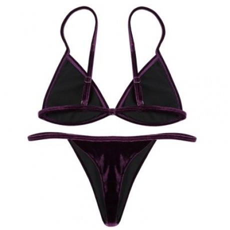 Spaghetti Strap Padded Backless Low Waist Velour Women Bikini Set (PURPLE IRIS)