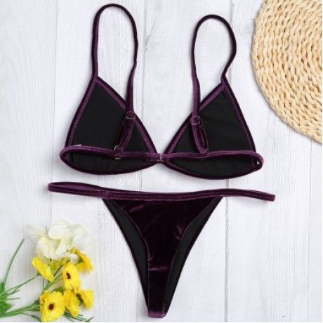Spaghetti Strap Padded Backless Low Waist Velour Women Bikini Set (PURPLE IRIS)