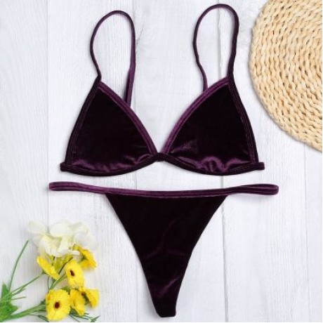 Spaghetti Strap Padded Backless Low Waist Velour Women Bikini Set (PURPLE IRIS)