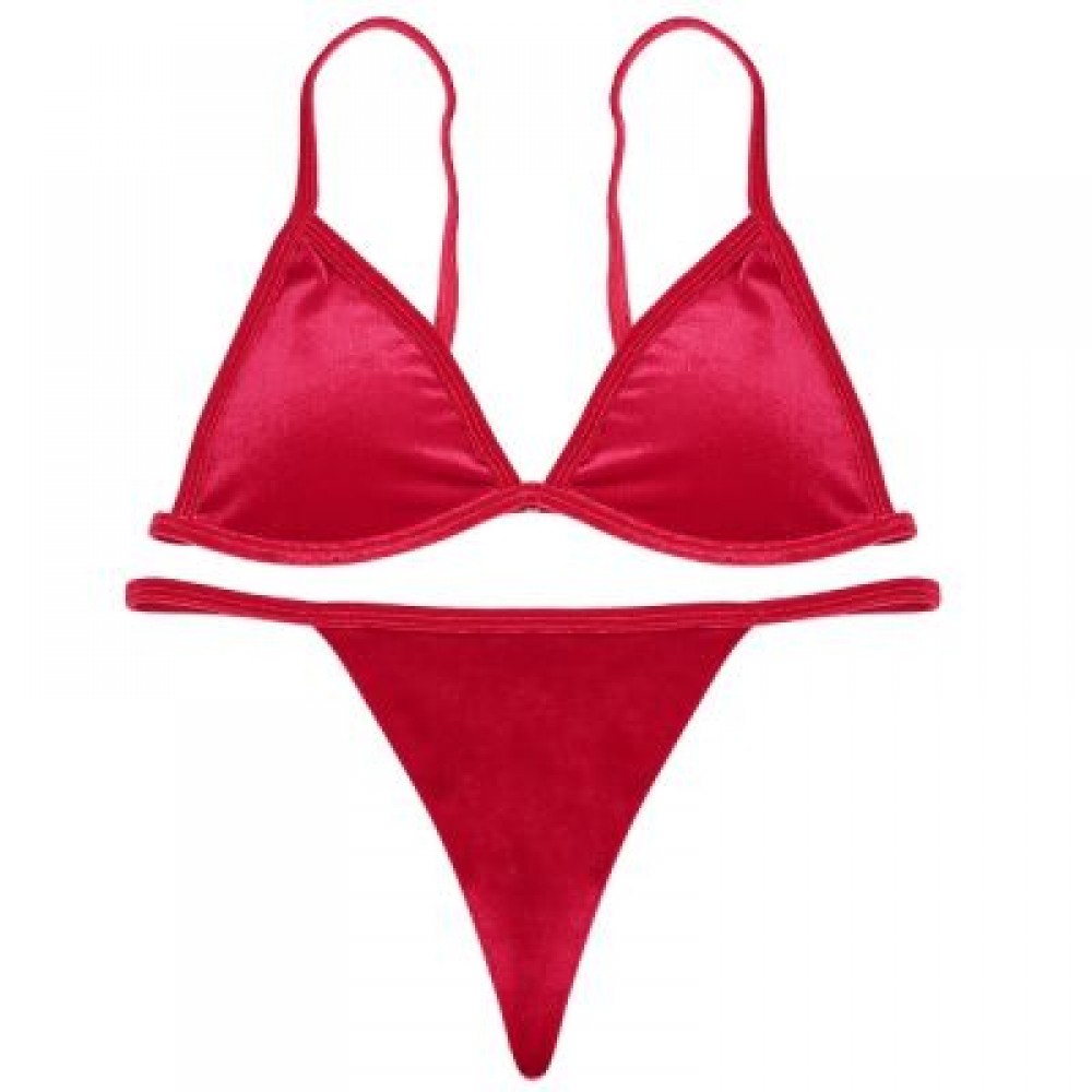 Spaghetti Strap Padded Backless Low Waist Velour Women Bikini Set (LAVA RED)