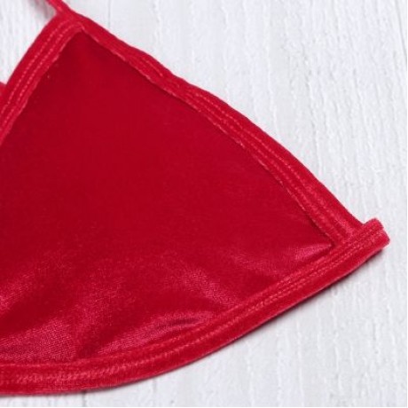 Spaghetti Strap Padded Backless Low Waist Velour Women Bikini Set (LAVA RED)