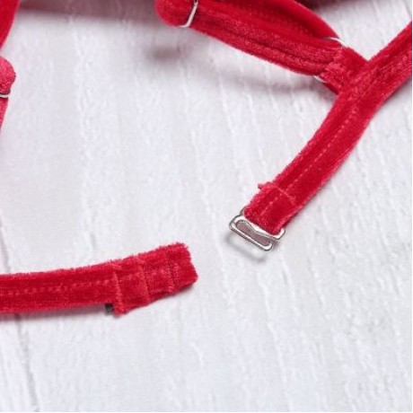 Spaghetti Strap Padded Backless Low Waist Velour Women Bikini Set (LAVA RED)