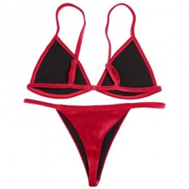 Spaghetti Strap Padded Backless Low Waist Velour Women Bikini Set (LAVA RED)