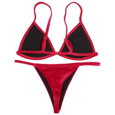 Spaghetti Strap Padded Backless Low Waist Velour Women Bikini Set (LAVA RED)