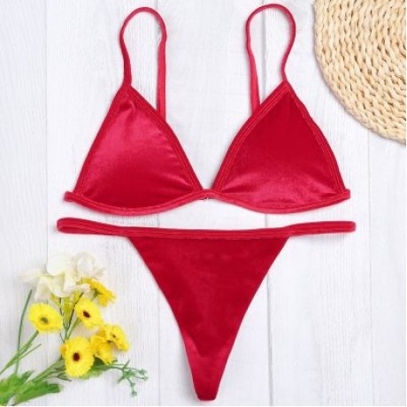 Spaghetti Strap Padded Backless Low Waist Velour Women Bikini Set (LAVA RED)