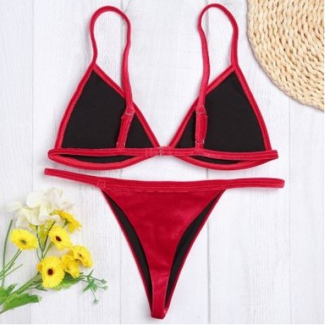 Spaghetti Strap Padded Backless Low Waist Velour Women Bikini Set (LAVA RED)