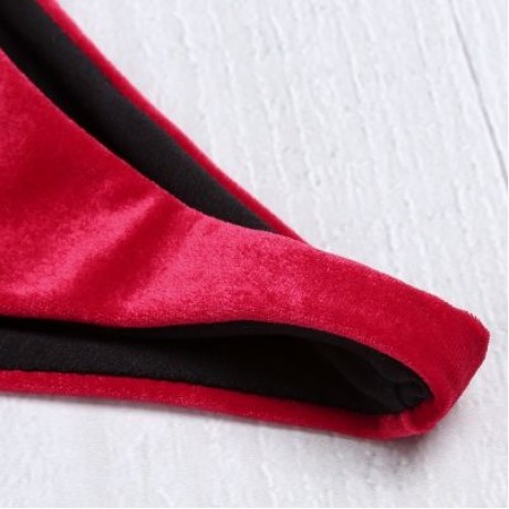 Spaghetti Strap Padded Backless Low Waist Velour Women Bikini Set (LAVA RED)
