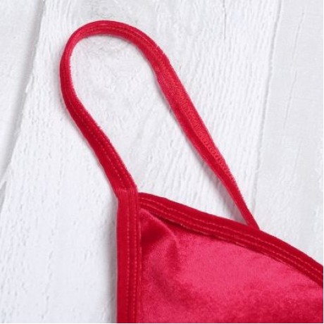 Spaghetti Strap Padded Backless Low Waist Velour Women Bikini Set (LAVA RED)