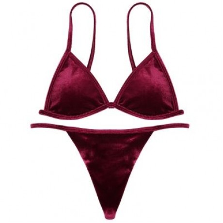 Spaghetti Strap Padded Backless Low Waist Velour Women Bikini Set (RED WINE)