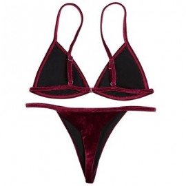 Spaghetti Strap Padded Backless Low Waist Velour Women Bikini Set (RED WINE)